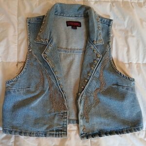 Rock And Roll Denim Jean Silver Fringe Vest with Studded Details New Size Medium
